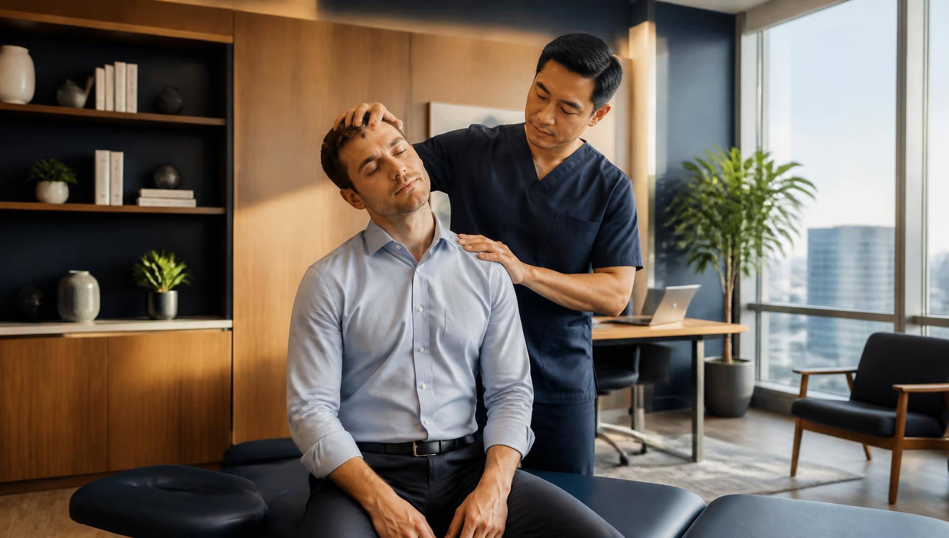Physical therapist treating an employee in a modern office wellness room
