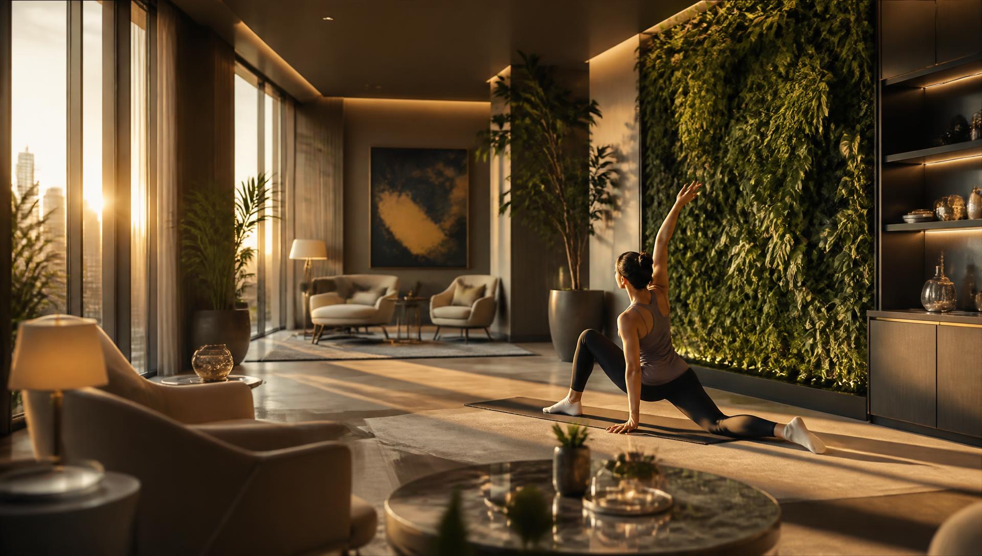 Resident stretching in a luxury building wellness lounge at golden hour